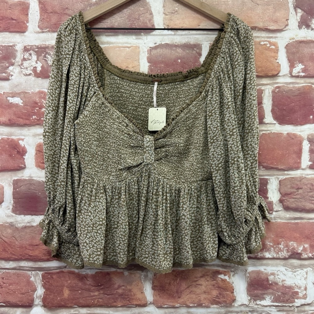 Free People Britnee Crop Top Women's Large Brown Boho Cottage Ditsy Floral Shirt - Picture 8 of 10